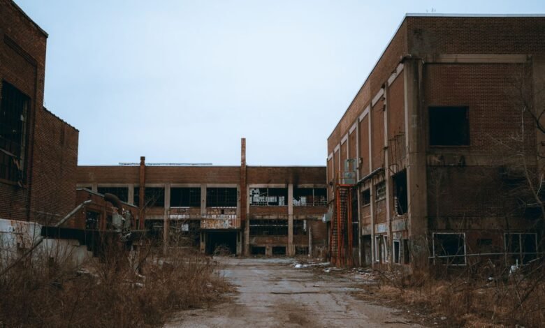 Abandoned factory overgrown with plants, a metaphor for abandoned websites