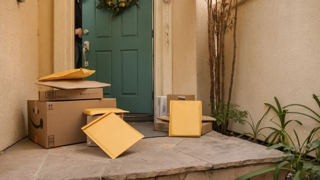 Delivery boxes on a doorstep, a reminder that Amazon cart items can sell out before checkout