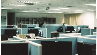 Empty open-plan office, the kind of shared space where it is hard to concentrate when someone is talking